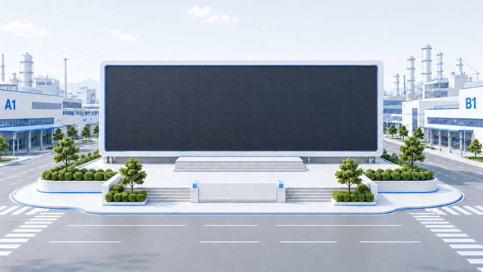 现代工业园区中央展示大屏场景